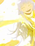  1girl arms_behind_back blush character_name closed_eyes dress falling_feathers feathers happy highres index_(toaru_majutsu_no_index) ippotsk long_hair open_mouth safety_pin signature smile solo teeth toaru_majutsu_no_index white_background white_feathers white_hair wings yellow_dress yellow_theme 