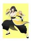  1girl apollo_(pixiv884782) black_hair braid breasts brown_eyes chinese_clothes cleavage clenched_hands fighting_stance gato_(snk) genderswap genderswap_(mtf) highres jacket large_breasts long_hair long_sleeves pectoral_cleavage pectorals shoes slippers the_king_of_fighters the_king_of_fighters_xv 