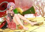  1girl 3d_background animal_print bird_print board_game bowl confetti dot_nose double_dealing_character flower hair_flower hair_ornament highres holding holding_umbrella japanese_clothes kimono light_purple_hair long_sleeves oil-paper_umbrella pink_thighhighs plant radiosity_(yousei) red_eyes red_umbrella shogi shogi_piece short_hair sitting smile solo sukuna_shinmyoumaru thighhighs touhou umbrella wide_sleeves wireframe 