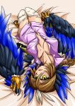  1girl animal_ears animal_hands bird_ears bird_legs black_feathers black_wings blue_feathers blue_wings braid breasts brown_hair claws commentary_request feathers hair_between_eyes harpy highres large_breasts long_hair looking_at_viewer lying mole mole_on_breast monster_girl naked_shirt navel on_back original oyluser0715 pink_shirt shirt solo talons two-tone_wings wings yellow_eyes 