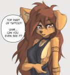  anthro apogee_(tinygaypirate) breasts canid canine canis clothing clothing_pull domestic_dog ear_piercing ear_ring english_text female hi_res mammal piercing ring_piercing shirt shirt_pull simple_background solo tattoo text tinygaypirate topwear topwear_pull under_boob 