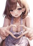  1girl absurdres apron bangs bare_shoulders blush breasts brown_eyes brown_hair cleavage collarbone frilled_apron frills heart heart_hands highres jk-ff large_breasts looking_at_viewer naked_apron open_mouth original short_hair smile solo swept_bangs white_apron 