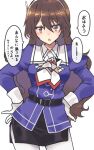  1girl ashigara_(kancolle) ashigara_kai_ni_(kancolle) black_skirt brown_eyes brown_hair commentary_request cowboy_shot gloves hairband hands_on_hips jacket kantai_collection long_hair looking_at_viewer military military_uniform multicolored_ascot nakadori_(movgnsk) pantyhose pencil_skirt purple_jacket simple_background skirt solo translation_request uniform wavy_hair white_background white_gloves 