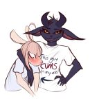  2022 anthro blep blush bodily_fluids bovid caprine clothing digital_media_(artwork) duo fur goat hair head_tuft hi_res horn jarnqk linus_(jarnqk) looking_at_viewer mammal shirt simple_background sweat sweatdrop t-shirt text text_on_clothing text_on_shirt text_on_topwear tongue tongue_out topwear tuft white_background 