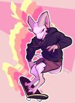  2022 absurd_res anthro barefoot bottomwear clothed clothing digital_media_(artwork) feet fully_clothed hi_res hoodie jarnqk kobold lya_(jarnqk) pink_background pink_body shorts signature simple_background skateboard solo topwear 