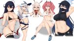  5girls arknights arm_behind_head arm_up armpits arms_up ayanami_(azur_lane) azur_lane bare_arms bare_legs bare_shoulders belt black_belt black_choker black_headwear black_pants black_shirt blue_archive blue_eyes blue_footwear blue_hair blue_shorts blush breasts bremerton_(azur_lane) choker commentary cowboy_shot crop_top feet_out_of_frame fnzz grey_hair groin hair_between_eyes hair_intakes highres large_breasts leggings long_hair looking_at_viewer low-tied_long_hair mask midriff miniskirt mouth_mask multicolored_hair multiple_girls navel nose_blush off-shoulder_shirt off_shoulder pants parted_lips pink_eyes pink_hair red_eyes saori_(blue_archive) shirt shoes short_shorts short_sleeves shorts simple_background sitting skadi_(arknights) skadi_(waverider)_(arknights) skirt sky sleeveless sleeveless_shirt sneakers standing stomach streaked_hair taihou_(azur_lane) thigh_strap thighs twintails underboob very_long_hair white_background white_headwear white_shirt 
