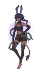  1girl absurdres animal_ear_fluff animal_ears bangs bare_shoulders belt black_leggings braid breasts bridal_gauntlets brown_belt chakram cleavage cleavage_cutout clothing_cutout commission dark-skinned_female dark_skin detached_leggings difman full_body garter_straps hair_between_eyes highres holding holding_weapon leggings long_hair looking_at_viewer medium_breasts navel navel_cutout orange_eyes original purple_hair rabbit_ears single_braid smile solo standing standing_on_one_leg very_long_hair weapon white_background 