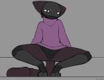  anthro avenu bottomless bulge clothed clothing felid feline fur hi_res mammal nonbinary_(lore) pose prosthetic prosthetic_arm prosthetic_limb red_body red_fur screen screen_face solo spread_legs spreading sweater topwear underwear 