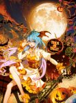  1girl bart._d bat_(animal) blush chest_cutout cover douluo_dalu fang gradient_hair halloween high_heels highres holding holding_staff jack-o&#039;-lantern leg_up long_hair moon multicolored_hair night official_art pumps solo staff tang_wutong_(douluo_dalu) trick_or_treat v wing_hair_ornament 