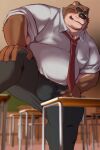  00murice 2023 anthro bear belly big_belly black_nose blush bottomwear brown_body bulge classroom classroom_desk clothing hi_res kemono male mammal necktie overweight overweight_male pants school shirt solo topwear 
