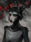  anthro artist_name black_body black_eyebrows black_fur black_hair black_nose bust_portrait eyebrows eyelashes front_view fur glistening glistening_eyes grey_body grey_fur hair hi_res looking_at_viewer male marie_merkh mouth_closed nude portrait red_eyes red_sclera shoulder_tuft simple_background smoke solo tuft 