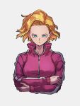  1girl android_18 blonde_hair blue_eyes crossed_arms dragon_ball dragon_ball_super earrings grey_background jacket jewelry kemachiku long_sleeves looking_at_viewer pink_jacket short_hair simple_background solo track_jacket upper_body 