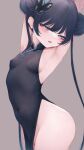  1girl absurdres armpits arms_up bangs bare_hips black_dress black_hair blue_archive breasts china_dress chinese_clothes covered_navel cowboy_shot double_bun dress grey_background grey_eyes hair_bun half-closed_eyes highres kisaki_(blue_archive) long_hair looking_at_viewer no_panties open_mouth pelvic_curtain revision simple_background sleeveless sleeveless_dress small_breasts solo twintails very_long_hair wakaba_(945599620) 