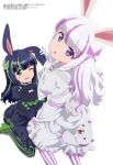  2girls :o absurdres animal_ears bangs bear black_dress blunt_bangs blush dress green_eyes green_hair hair_ribbon head_tilt high_heels highres holding itai_no_wa_iya_nano_de_bougyoryoku_ni_kyokufuri_shitai_to_omoimasu lolita_fashion long_hair looking_at_viewer may_(bofuri) multicolored_hair multiple_girls official_art one_eye_closed open_mouth pink_eyes pink_hair rabbit_ears ribbon simple_background sitting standing streaked_hair two-tone_hair wariza white_background white_dress white_hair yui_(bofuri) 