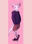  2022 absurd_res anthro barefoot bottomwear clothed clothing digital_media_(artwork) feet fully_clothed hi_res hoodie jarnqk kobold lya_(jarnqk) pink_background pink_body shorts signature simple_background skateboard solo topwear 