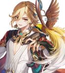  1boy amaichi_esora artist_name bangs bird black_gloves blonde_hair cape commentary_request dated earrings eyelashes feather_hair_ornament feathers fingerless_gloves genshin_impact gloves gold_trim greater_bird-of-paradise hair_between_eyes hair_ornament hand_up highres jewelry kaveh_(genshin_impact) long_hair long_sleeves looking_at_viewer male_focus necklace open_mouth parted_bangs red_cape red_eyes shirt sidelocks simple_background smile solo tassel twitter_username upper_body watermark white_background white_shirt 
