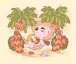  1boy acoustic_guitar animal_crossing artist_name blush blush_stickers brown_background brown_headwear bush clam_shell closed_eyes closed_mouth commentary conch crossed_legs dog_boy english_commentary flower furry furry_male guitar hammock hat holding holding_instrument instrument k.k._slider_(animal_crossing) male_focus music palm_tree playing_instrument reclining red_flower samantha_whitten sand seashell shell signature simple_background sitting solo straw_hat tree 