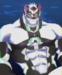  1boy abs abs_cutout animal_ears bara bear_boy bear_ears body_fur colored_sclera cyborg enigma_(housamo) expressionless furry furry_male highres large_pectorals looking_at_viewer male_focus muscular muscular_male pectorals red_eyes short_hair solo tokyo_afterschool_summoners underpec upper_body white_fur yakisoba_ohmori yellow_sclera 