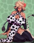  1girl animal_ears animal_print bare_shoulders black_hair black_panties black_thighhighs blonde_hair blush breasts cathyl china_dress chinese_clothes cleavage_cutout closed_mouth clothing_cutout collarbone cow_girl cow_print cow_tail detached_sleeves dress facial_mark flower green_background hair_flower hair_ornament highres horns huge_breasts lips looking_at_viewer monster_girl monster_musume_no_iru_nichijou multicolored_hair one_eye_closed panties pashapencil print_dress shiny_clothes side-tie_panties sitting smile solo spotted_tail tail thick_thighs thighhighs thighs thong two-tone_hair underwear yellow_eyes 