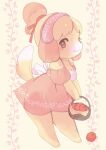  1girl :3 alternate_costume alternate_eye_color animal_crossing animal_ears animal_feet animal_hands animal_nose apple back_bow bangs bare_shoulders barefoot basket blonde_hair blush blush_stickers bow breasts bright_pupils cleavage closed_mouth commentary_request dog_ears dog_girl dog_tail dress food from_side fruit full_body furry furry_female hair_ribbon hairband happy holding holding_basket isabelle_(animal_crossing) legs light_blush looking_at_viewer medium_breasts own_hands_together parted_bangs pink_dress pink_hairband puffy_short_sleeves puffy_sleeves red_eyes red_ribbon ribbon shirokuro_buti short_dress short_hair short_sleeves smile solo spaghetti_strap standing tail tail_raised topknot white_bow white_pupils yellow_background 