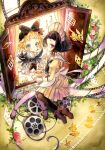  2girls alice_(alice_in_wonderland) alice_in_wonderland apron black_hair black_ribbon blonde_hair blue_dress blue_eyes blush card cat cheshire_cat_(alice_in_wonderland) cup dress flower hair_ribbon holding holding_cup looking_at_viewer multiple_girls nesu_(nsm888) original playing_card rabbit red_eyes red_flower red_rose ribbon rose short_hair teacup white_apron white_rabbit_(alice_in_wonderland) window 