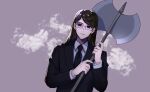  1boy axe black_eyes black_necktie black_pants black_suit brown_hair formal fukuma_(kyuuketsuki_sugu_shinu) glasses grey_background grgr_nico holding holding_axe kyuuketsuki_sugu_shinu long_hair long_sleeves looking_at_viewer male_focus necktie pants simple_background solo standing suit 