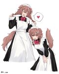  14_(vision5032) 1girl absurdres alternate_costume animal_ears apron black_dress bone_hair_ornament braid brown_eyes brown_hair commentary dog_ears dog_girl dog_tail dress enmaided fangs feet_out_of_frame full_body hair_ornament heart highres hololive inugami_korone leaning_forward long_dress long_sleeves maid maid_apron maid_headdress multiple_views neck_ribbon open_mouth red_ribbon ribbon shoes smile socks spoken_heart standing tail twin_braids virtual_youtuber white_apron 