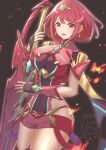  1girl bangs black_gloves breasts chest_jewel commentary_request cowboy_shot earrings fingerless_gloves gloves high_collar highres holding holding_sword holding_weapon jewelry large_breasts open_mouth pyra_(xenoblade) red_eyes red_hair red_shorts short_hair short_shorts shorts signature smile solo swept_bangs sword tiara weapon xenoblade_chronicles_(series) xenoblade_chronicles_2 yanagimachi 
