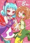  2girls absurdres ally_(puyopuyo) alternate_costume animal_ears blue_hair blush brown_hair cat_ears dress futaba969649 green_dress green_eyes highres holding_hands looking_at_viewer multiple_girls open_mouth puyopuyo rafisol_(puyopuyo) red_eyes red_wings smile standing standing_on_one_leg wings 