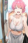  1girl :d ^_^ bangs bare_arms bare_shoulders blush bocchi_the_rock! breasts cellphone cleavage closed_eyes collarbone facing_viewer gotou_michiyo grey_pants hews highres holding holding_phone indoors large_breasts midriff navel onlyfans open_mouth pants phone pink_hair sleeveless smartphone smile solo sports_bra sweat thighs white_sports_bra wooden_floor 
