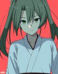  1girl artist_name bangs blush closed_mouth collarbone green_eyes green_hair hair_between_eyes japanese_clothes kantai_collection long_hair looking_at_viewer moti_coi one-hour_drawing_challenge red_background signature simple_background solo twintails upper_body zuikaku_(kancolle) 
