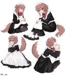  14_(vision5032) 1girl absurdres alternate_costume animal_ears apron black_dress black_footwear bone_hair_ornament braid brown_eyes brown_hair commentary dog_ears dog_girl dog_tail dress enmaided fangs full_body hair_ornament heart highres hololive inugami_korone long_dress long_sleeves maid maid_apron maid_headdress mary_janes multiple_views neck_ribbon open_mouth red_ribbon ribbon shoes sitting smile socks spoken_heart squatting tail twin_braids virtual_youtuber white_apron white_socks 