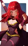  1girl ;) arm_up belt black_cape blush breasts cape cleavage clenched_hand commentary covered_navel cowboy_shot facial_mark fire_emblem fire_emblem_engage gbbgb321 hand_up highres large_breasts looking_at_viewer one_eye_closed red_eyes red_hair smile solo star_(symbol) thighs yellow_belt yunaka_(fire_emblem) 