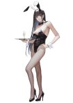  1girl animal_ears bangs bare_shoulders black_hair black_leotard blunt_bangs bow bowtie breasts champagne_flute closed_mouth commentary_request cup detached_collar drink drinking_glass fake_animal_ears fishnet_pantyhose fishnets full_body hand_on_hip high_heels holding holding_tray kaoming leotard long_hair looking_at_viewer medium_breasts original pantyhose playboy_bunny rabbit_ears second-party_source solo standing strapless strapless_leotard tray white_background wrist_cuffs yokosuka_mai 