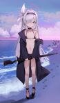  1girl a.r.o.n.a_(blue_archive) beach bikini black_bikini black_coat black_eyes black_footwear black_hairband blue_archive blush bow braid coat colored_inner_hair flat_chest full_body gun hair_bow hair_over_one_eye hairband highres holding holding_gun holding_weapon long_hair looking_at_viewer multicolored_hair navel off_shoulder open_clothes open_coat pink_hair single_braid solo somray swimsuit umbrella_gun very_long_hair weapon white_bow white_hair 