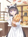  1girl :d animal_ear_fluff animal_ears apron baguette bangs basket black_hair black_skirt bread cat_ears commentary_request cupcake doughnut fang food indoors juliet_sleeves komugi_(wataame27) long_sleeves looking_at_viewer maid_headdress object_hug original puffy_sleeves purple_eyes shirt skirt smile solo translation_request waitress wataame27 white_apron white_shirt 