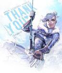  1girl 2023 apex_legends apex_legends_mobile artist_name bangs black_gloves blue_jacket bodysuit cable cropped_jacket english_commentary floating_hair fur-trimmed_jacket fur_trim gloves grey_bodysuit grey_hair hair_between_eyes hair_bun highres jacket long_bangs looking_to_the_side official_alternate_costume open_hand parted_lips sidecut single_hair_bun smile snow_ground_wraith solo thank_you twitter_username vontvirus western_comics_(style) white_eyes wraith_(apex_legends) 