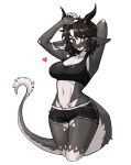  &lt;3 2023 anthro black_body black_hair bottomwear breasts chabett clothing crop_top cursedanchovy dragon female fur furred_dragon hair hand_behind_head hi_res horn midriff navel red_eyes shirt short_hair shorts solo topwear white_body wingless_dragon 