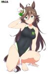  1girl ahoge animal_ears black_one-piece_swimsuit blue_eyes breasts brown_hair character_name clothes_writing competition_swimsuit covered_navel hat horse_ears horse_girl horse_tail long_hair looking_at_viewer medium_breasts mini_hat mini_top_hat mr._c.b._(umamusume) one-piece_swimsuit one_knee shigino_sohuzi simple_background solo swimsuit tail top_hat umamusume white_background white_headwear 