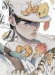  1boy black_hair blue_eyes coat diamond_wa_kudakenai earrings fish frown hat_ornament jewelry jojo_no_kimyou_na_bouken kujo_jotaro male_focus mm_jjba portrait serious signature solo stud_earrings white_coat 