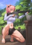  1girl aiming animal_ears bag black_shorts breasts cat_ears cleavage closed_mouth commission crop_top facial_mark flip-flops full_body gun headgear highres holding holding_gun holding_weapon large_breasts long_sleeves navel off-shoulder_shirt off_shoulder one_knee original pink_hair plant ponytail red_eyes sandals shirt short_hair shorts solo stormstx toes weapon 