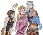  ! 4boys alternate_hairstyle animal_print black_eyes blonde_hair brown_eyes closed_eyes commentary_request crop_top earrings giorno_giovanna grey_hair guido_mista hands_in_pockets jewelry jojo_no_kimyou_na_bouken korean_commentary leone_abbacchio long_hair male_focus midriff mm_jjba multiple_boys narancia_ghirga navel one_eye_closed open_mouth purple_eyes signature spoken_object stud_earrings tiger_print turtleneck turtleneck_crop_top vento_aureo 