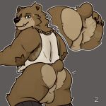  anthro anus armpit_hair baby_bear_(puss_in_boots) backsack balls bear big_balls big_butt blush blush_lines blushing_male bodily_fluids body_hair brown_body brown_fur butt chain clothing fur genitals head_tuft hi_res looking_at_viewer looking_back looking_back_at_viewer male mammal musclegut presenting presenting_hindquarters shirt simple_background solo spread_butt spreading spyromancer sweat tank_top tank_top_only topwear tuft 