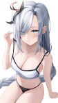  1girl absurdres black_panties blue_eyes bra bra_pull braid braided_ponytail breasts cleavage closed_mouth clothes_pull collarbone expressionless eyes_visible_through_hair genshin_impact grey_hair hair_ornament hair_over_one_eye highres large_breasts long_hair looking_at_viewer navel panties pulled_by_self shenhe_(genshin_impact) simple_background sitting solo stomach strap_pull thighs underwear very_long_hair vivid_(vividusss) white_background white_bra 