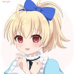  1girl ahoge alice_(alice_in_wonderland) alice_(alice_in_wonderland)_(cosplay) alice_in_wonderland andou_tazusa assault_lily bangs black_ribbon blonde_hair blue_bow blue_hairband blue_shirt bow bow_hairband buttons commentary_request cosplay frilled_shirt frilled_shirt_collar frills gradient_background hair_bow hairband hands_up high_ponytail highres jewelry light_blush looking_at_viewer neck_ribbon official_alternate_costume parted_lips piatin pink_background ponytail portrait puffy_sleeves raised_eyebrows red_eyes ribbon ring shirt short_hair smile solo twitter_username two-tone_shirt white_background white_shirt 