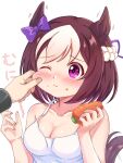  1girl :&lt; animal_ears blush breasts carrot cheek_pinching cleavage commentary_request highres horse_ears looking_at_viewer medium_breasts medium_hair mochitsuki_wataame pinching portrait pov pov_hands purple_eyes simple_background solo_focus special_week_(umamusume) translation_request umamusume white_background 