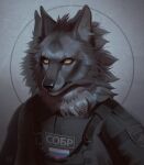 anthro artist_name black_nose blue_pupils bust_portrait canid canine canis clothed clothing fur glistening glistening_eyes grey_body grey_clothing grey_ears grey_fur grey_inner_ear_fluff grey_topwear head_tuft hi_res inner_ear_fluff male mammal marie_merkh mouth_closed orange_eyes police_uniform portrait pupils russian_flag simple_background solo topwear tuft uniform wolf 