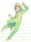  +_+ 1girl :d arm_up barefoot dinosaur_costume full_body green_eyes highres hood hood_up hozuki_momiji light_brown_hair long_sleeves looking_at_viewer onesie onii-chan_wa_oshimai! open_mouth saiste simple_background smile solo tail toes white_background zipper_pull_tab 