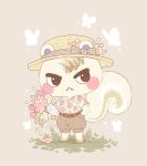  1boy :&lt; animal_crossing artist_name belt belt_buckle blush blush_stickers bouquet bow brown_background brown_belt brown_headwear brown_shorts buckle bug butterfly closed_mouth collared_shirt commentary english_commentary floral_print flower full_body furry furry_male grass hat hat_bow holding holding_bouquet looking_at_viewer male_focus marshal_(animal_crossing) pink_flower print_shirt puffy_shorts samantha_whitten shirt shirt_tucked_in short_sleeves shorts signature simple_background solo squirrel_boy standing straw_hat striped striped_bow v-shaped_eyebrows yellow_flower yellow_shirt 