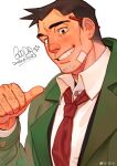  1boy ace_attorney bandaid bandaid_on_face black_eyes blush brown_hair coat dick_gumshoe facial_hair g00d1a highres knuckle_hair male_focus necktie pointing pointing_at_self short_hair solo stubble upper_body 